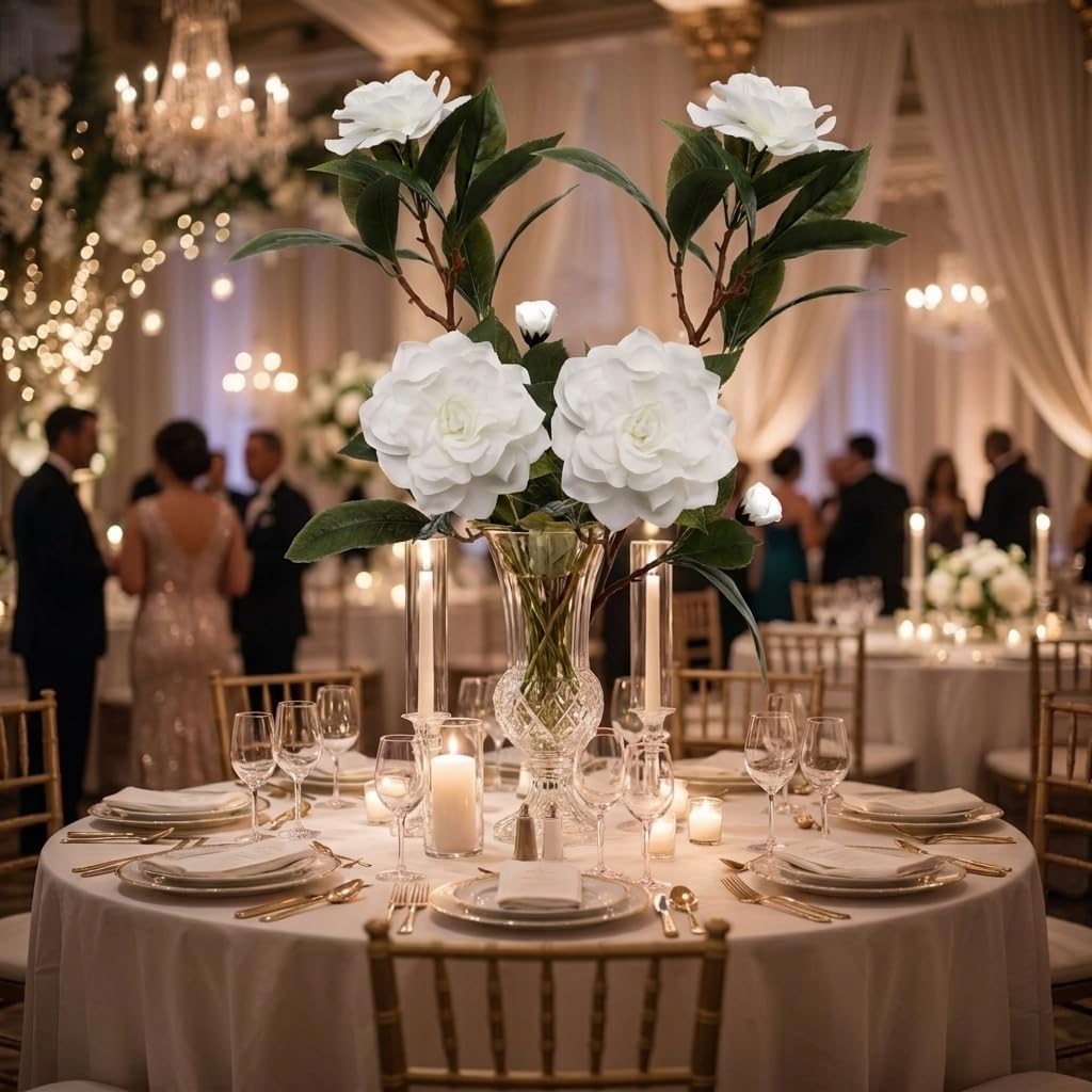 White Gardenia Spray, 2 Pack 28in Faux Flowers for Vases | Two 28in white gardenia sprays, each 2 blooms & 1 bud, for vases, centerpieces & bridal accents