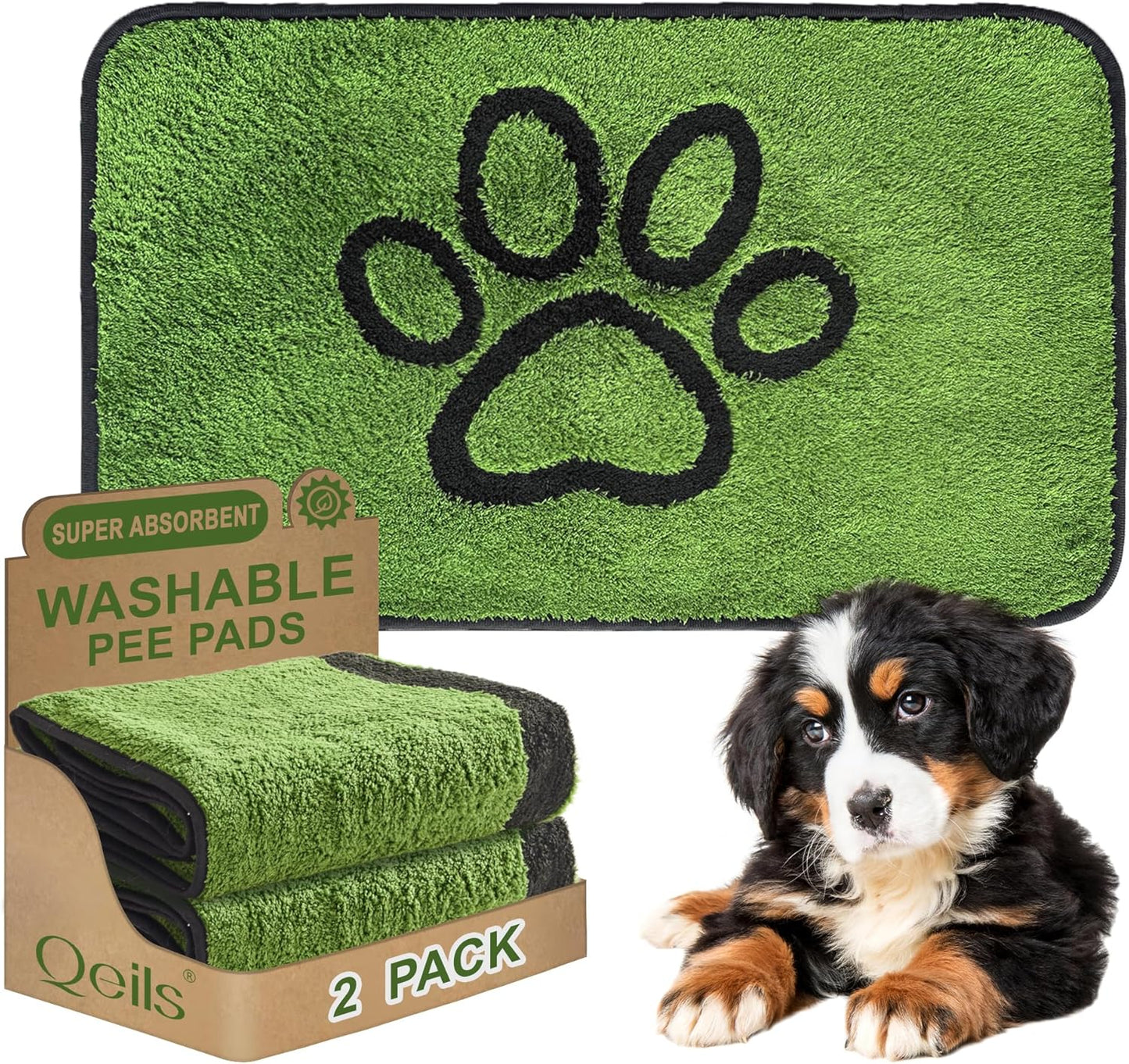 Reusable Dog Pee Pads, 2 Pack Super Absorbent & Leakproof Washable Puppy Pads with Soft Green Top Layer, for Potty Training, Crates, Couch, Car Seats & Pet Beds, 18"x24"