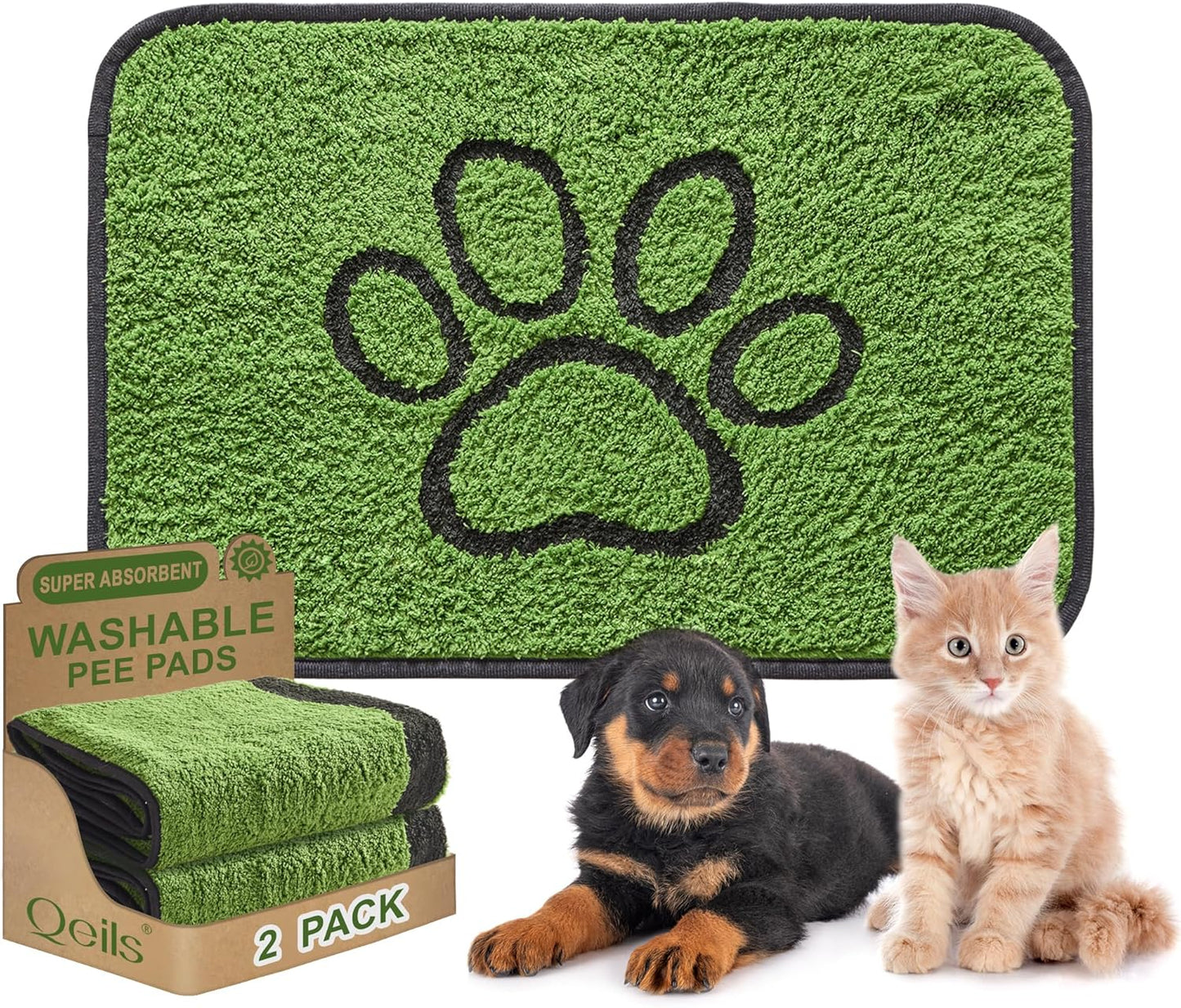 Reusable Dog Pee Pads, 2 Pack Super Absorbent & Leakproof Washable Puppy Pads with Soft Green Top Layer, for Potty Training, Crates, Couch, Car Seats & Pet Beds, 18"x24"
