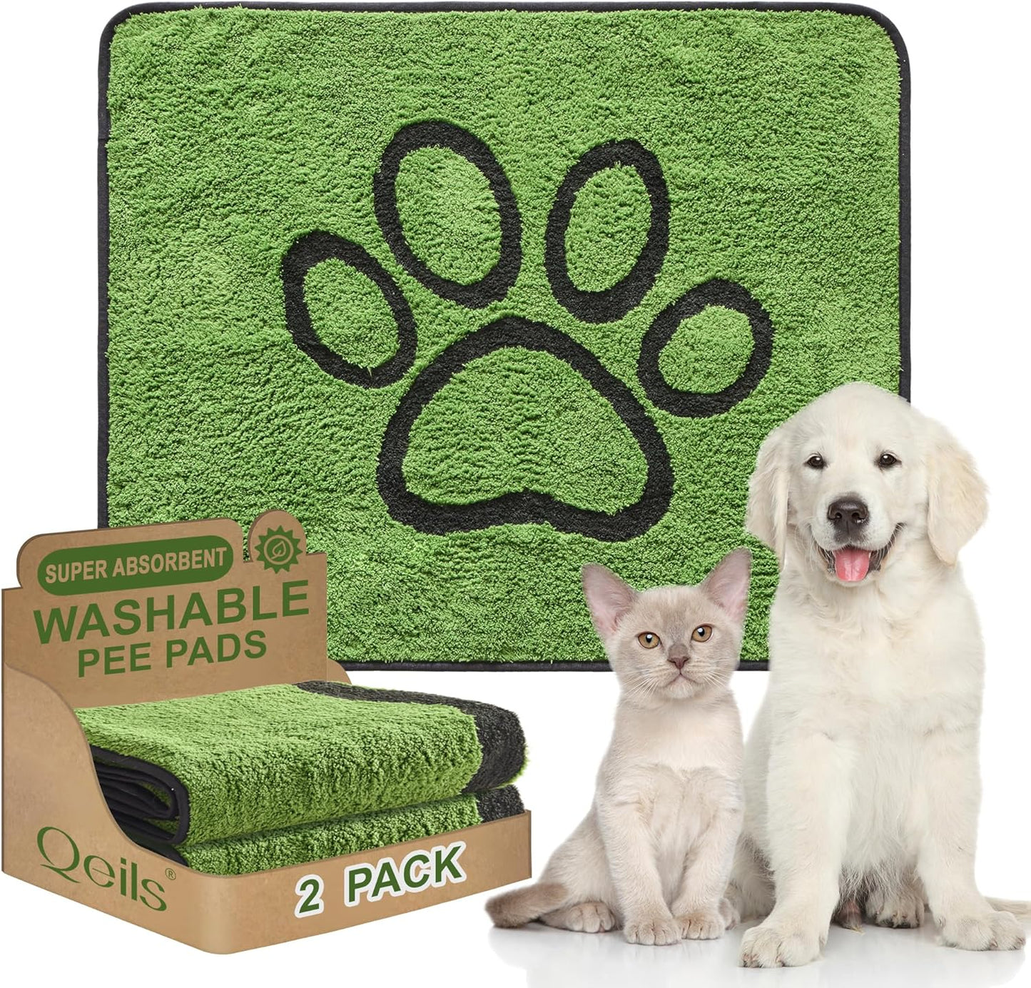 Reusable Dog Pee Pads, 2 Pack Super Absorbent & Leakproof Washable Puppy Pads with Soft Green Top Layer, for Potty Training, Crates, Couch, Car Seats & Pet Beds, 18"x24"