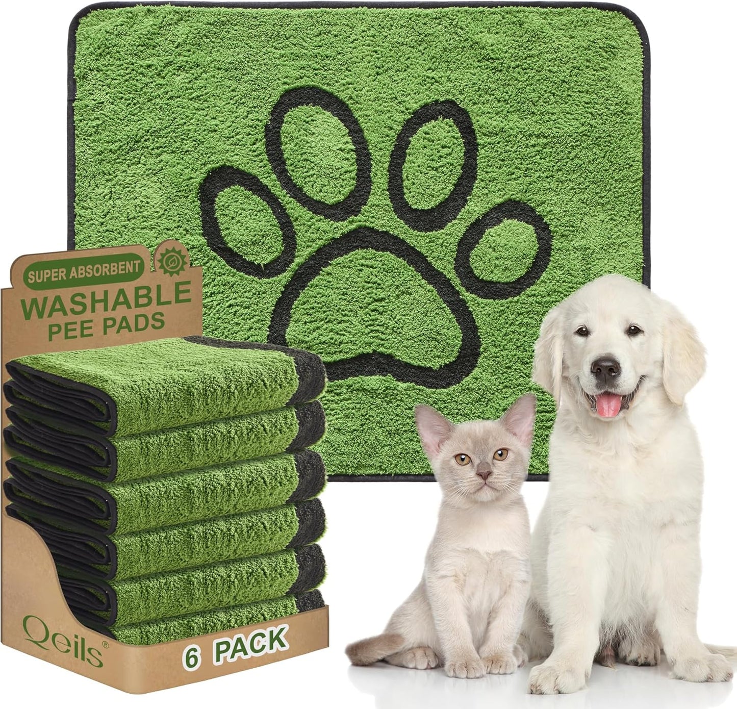 Reusable Dog Pee Pads, 2 Pack Super Absorbent & Leakproof Washable Puppy Pads with Soft Green Top Layer, for Potty Training, Crates, Couch, Car Seats & Pet Beds, 18"x24"