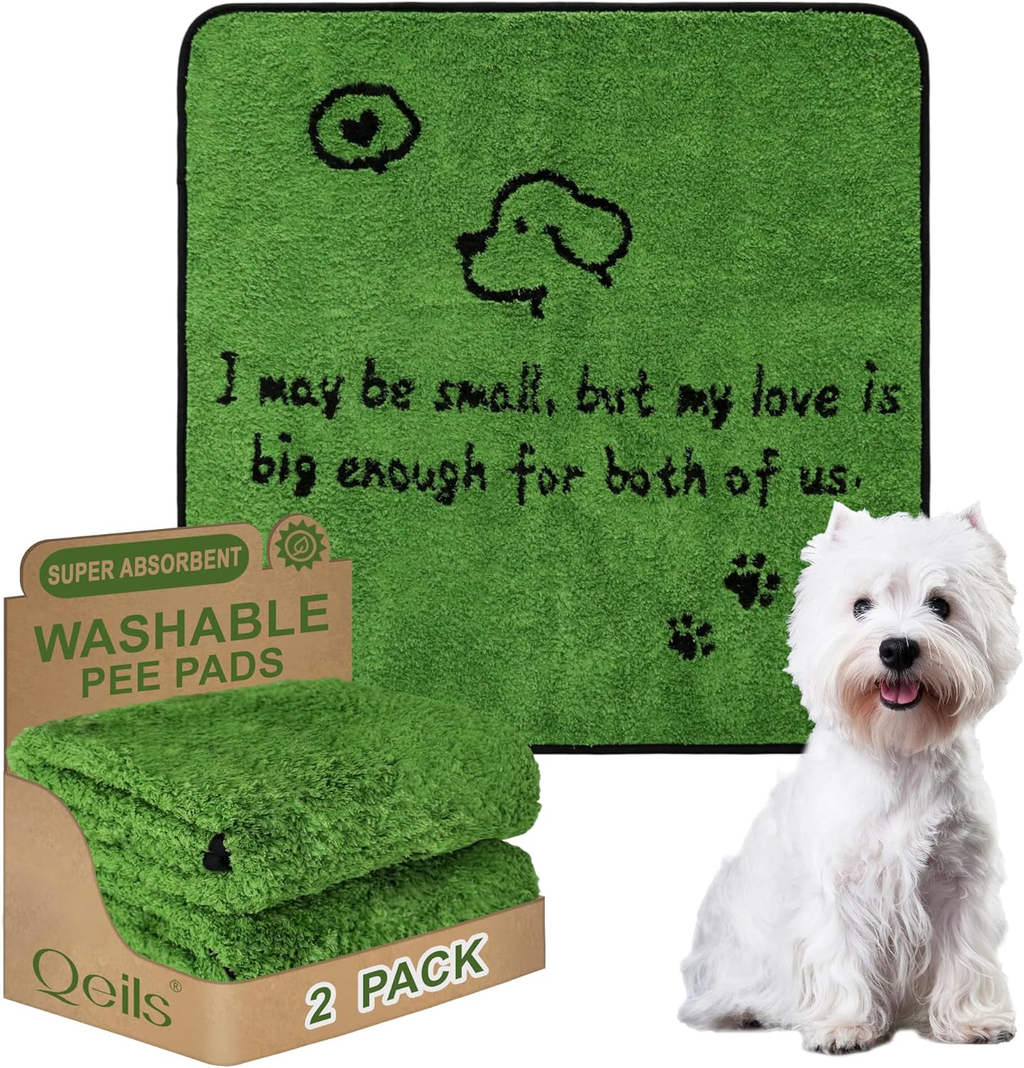 Reusable Dog Pee Pads, 2 Pack Super Absorbent & Leakproof Washable Puppy Pads with Soft Green Top Layer, for Potty Training, Crates, Couch, Car Seats & Pet Beds, 18"x24"