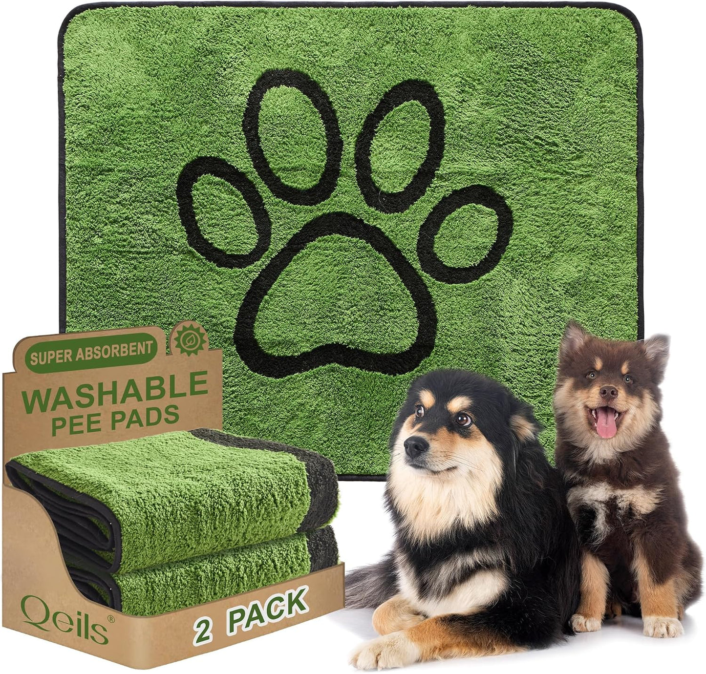 Reusable Dog Pee Pads, 2 Pack Super Absorbent & Leakproof Washable Puppy Pads with Soft Green Top Layer, for Potty Training, Crates, Couch, Car Seats & Pet Beds, 18"x24"