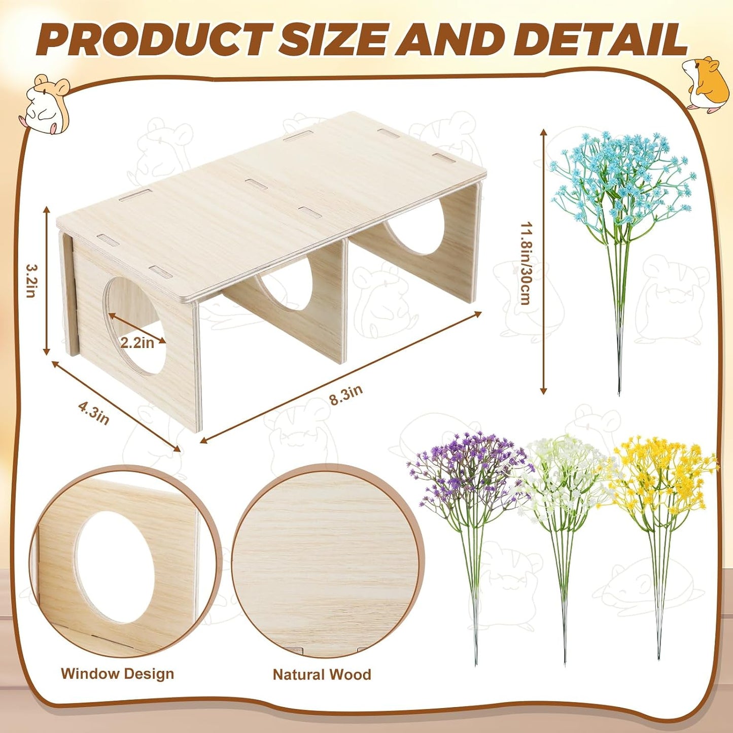 22 Pcs Hamster Platform Set, Hamsters Cage Accessories Include 1 Hamster Platform 1 Wooden Hideout Tubes Tunnels 20 Handcrafted Flowers for Dwarfs Syrian Guinea Pig Rats Gerbils Mice Habitat Decor