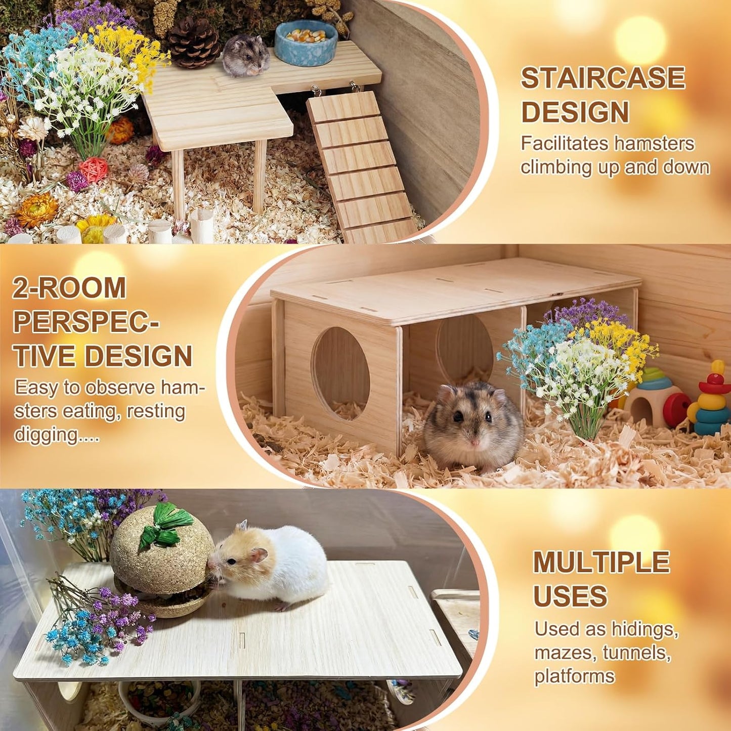 22 Pcs Hamster Platform Set, Hamsters Cage Accessories Include 1 Hamster Platform 1 Wooden Hideout Tubes Tunnels 20 Handcrafted Flowers for Dwarfs Syrian Guinea Pig Rats Gerbils Mice Habitat Decor