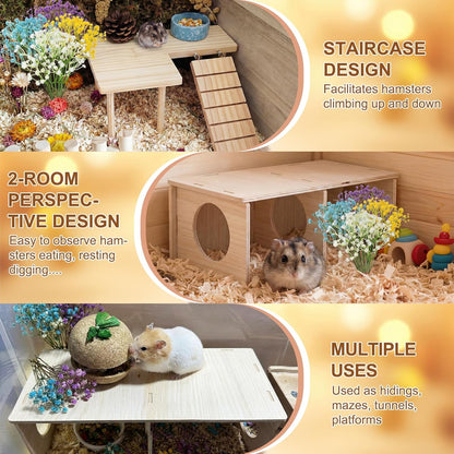 22 Pcs Hamster Platform Set, Hamsters Cage Accessories Include 1 Hamster Platform 1 Wooden Hideout Tubes Tunnels 20 Handcrafted Flowers for Dwarfs Syrian Guinea Pig Rats Gerbils Mice Habitat Decor