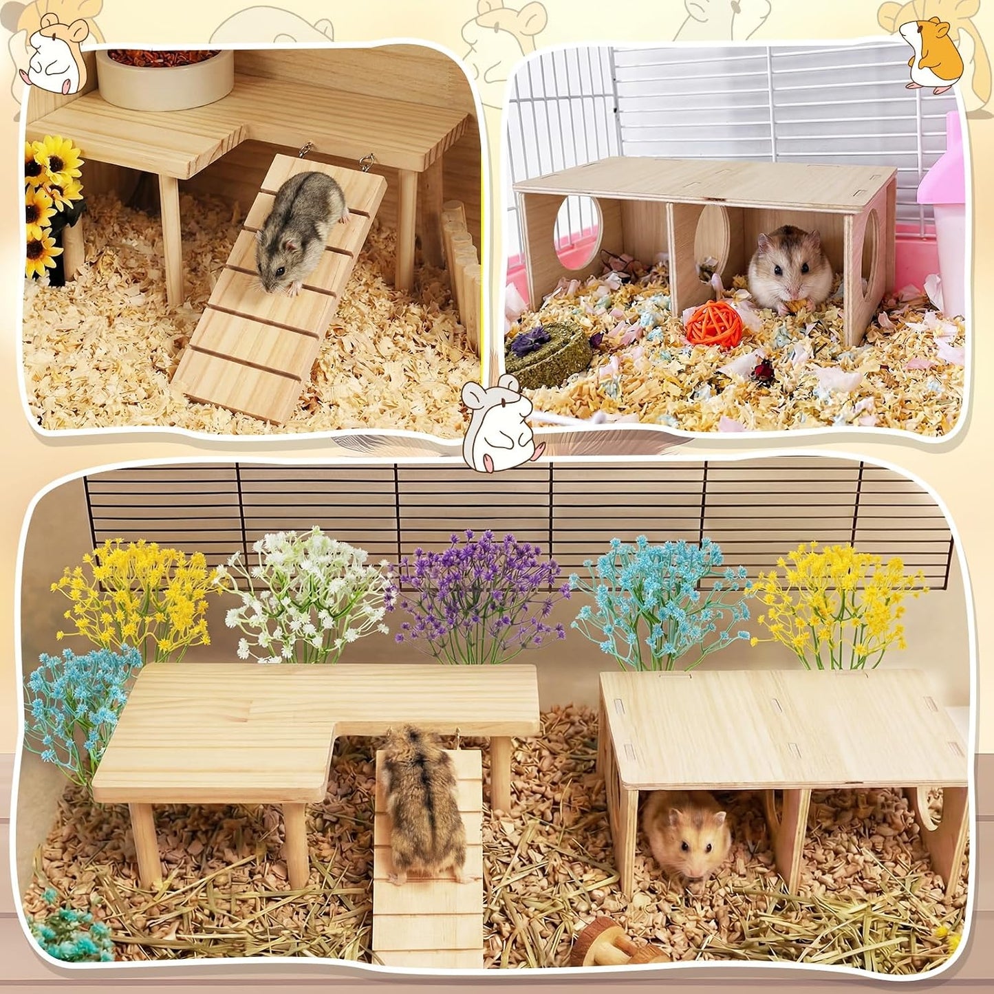22 Pcs Hamster Platform Set, Hamsters Cage Accessories Include 1 Hamster Platform 1 Wooden Hideout Tubes Tunnels 20 Handcrafted Flowers for Dwarfs Syrian Guinea Pig Rats Gerbils Mice Habitat Decor