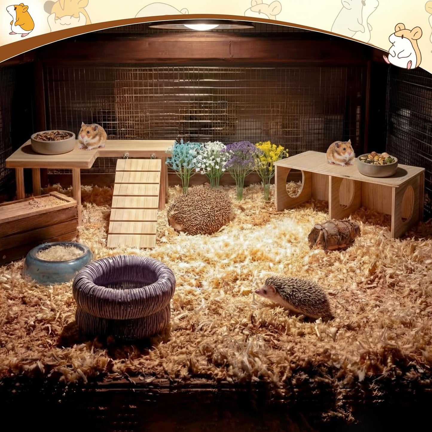22 Pcs Hamster Platform Set, Hamsters Cage Accessories Include 1 Hamster Platform 1 Wooden Hideout Tubes Tunnels 20 Handcrafted Flowers for Dwarfs Syrian Guinea Pig Rats Gerbils Mice Habitat Decor