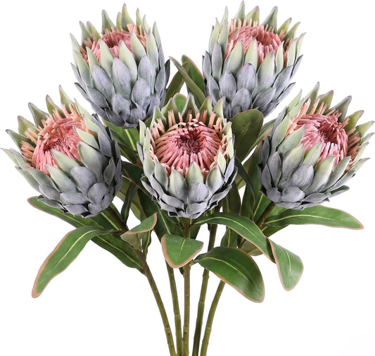 5PCS Artificial Protea Flowers with Flocked Finish, 19 Inch Faux Tropical Silk Flowers for Arrangement & Decor, Wedding, Centerpiece