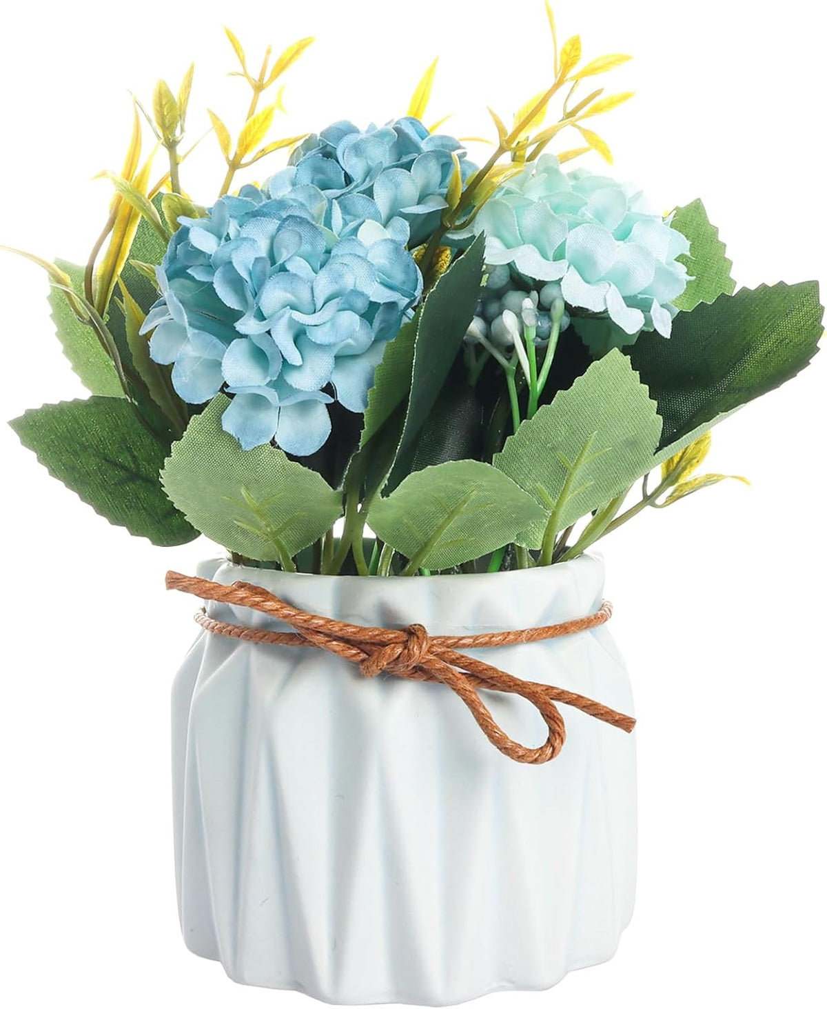 Artificial Hydrangea Bouquet with Small Ceramic Vase Artificial Flower Plants Mini Fake Hydrangea Flowers Decoration Indoor for Home Office Table Bedroom Living Room Party (Blue)