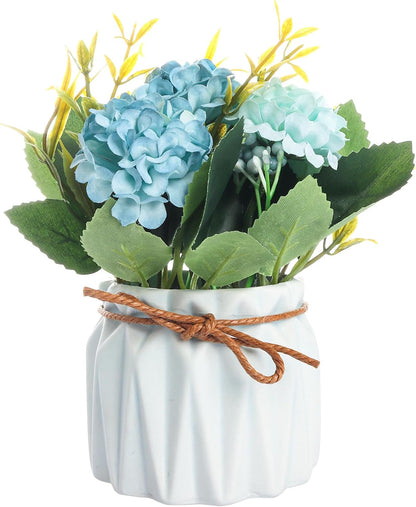 Artificial Hydrangea Bouquet with Small Ceramic Vase Artificial Flower Plants Mini Fake Hydrangea Flowers Decoration Indoor for Home Office Table Bedroom Living Room Party (Blue)