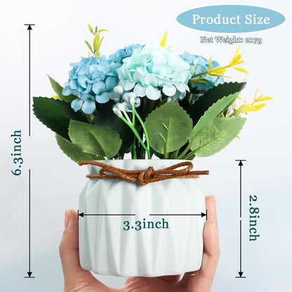 Artificial Hydrangea Bouquet with Small Ceramic Vase Artificial Flower Plants Mini Fake Hydrangea Flowers Decoration Indoor for Home Office Table Bedroom Living Room Party (Blue)