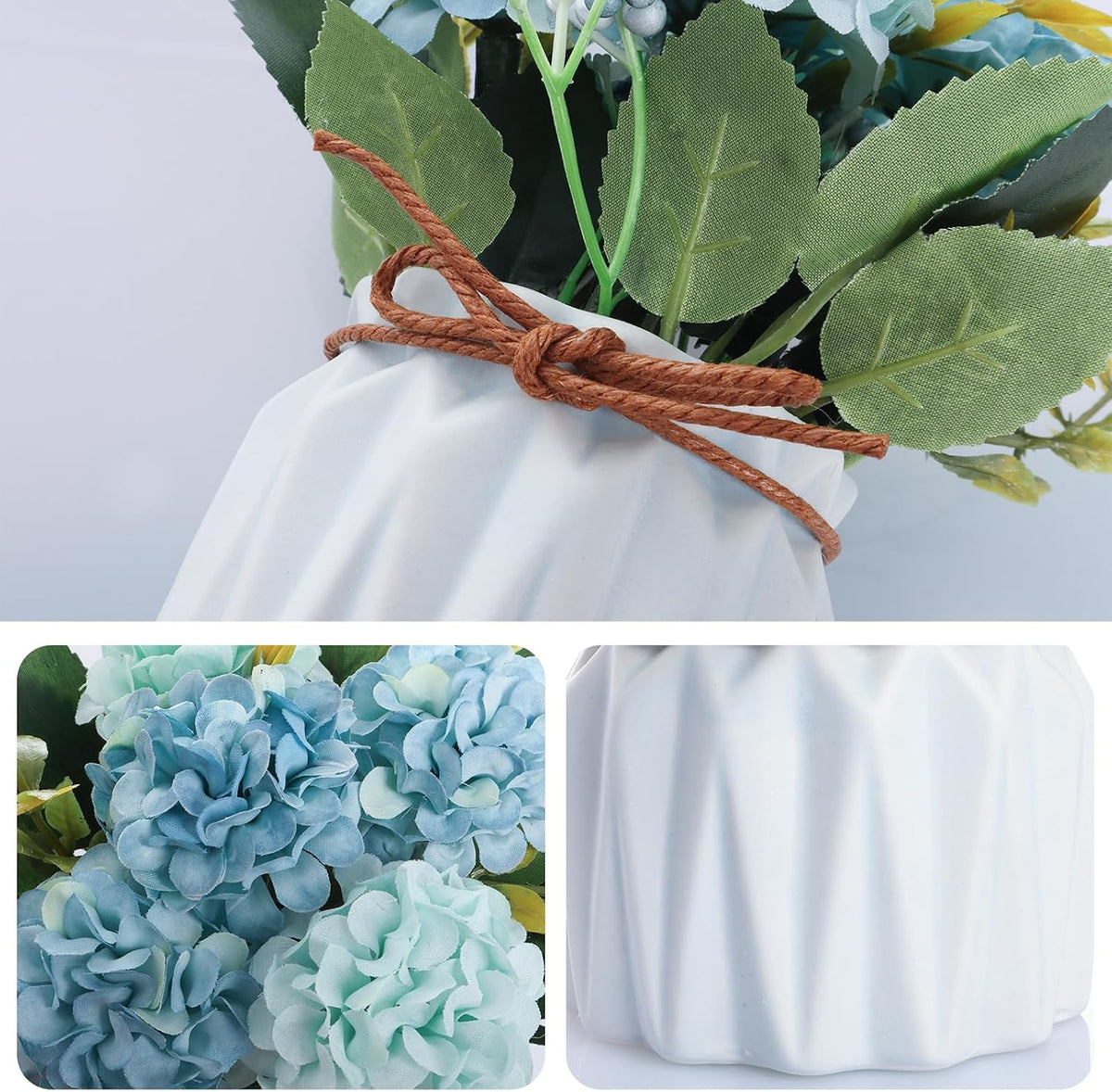 Artificial Hydrangea Bouquet with Small Ceramic Vase Artificial Flower Plants Mini Fake Hydrangea Flowers Decoration Indoor for Home Office Table Bedroom Living Room Party (Blue)