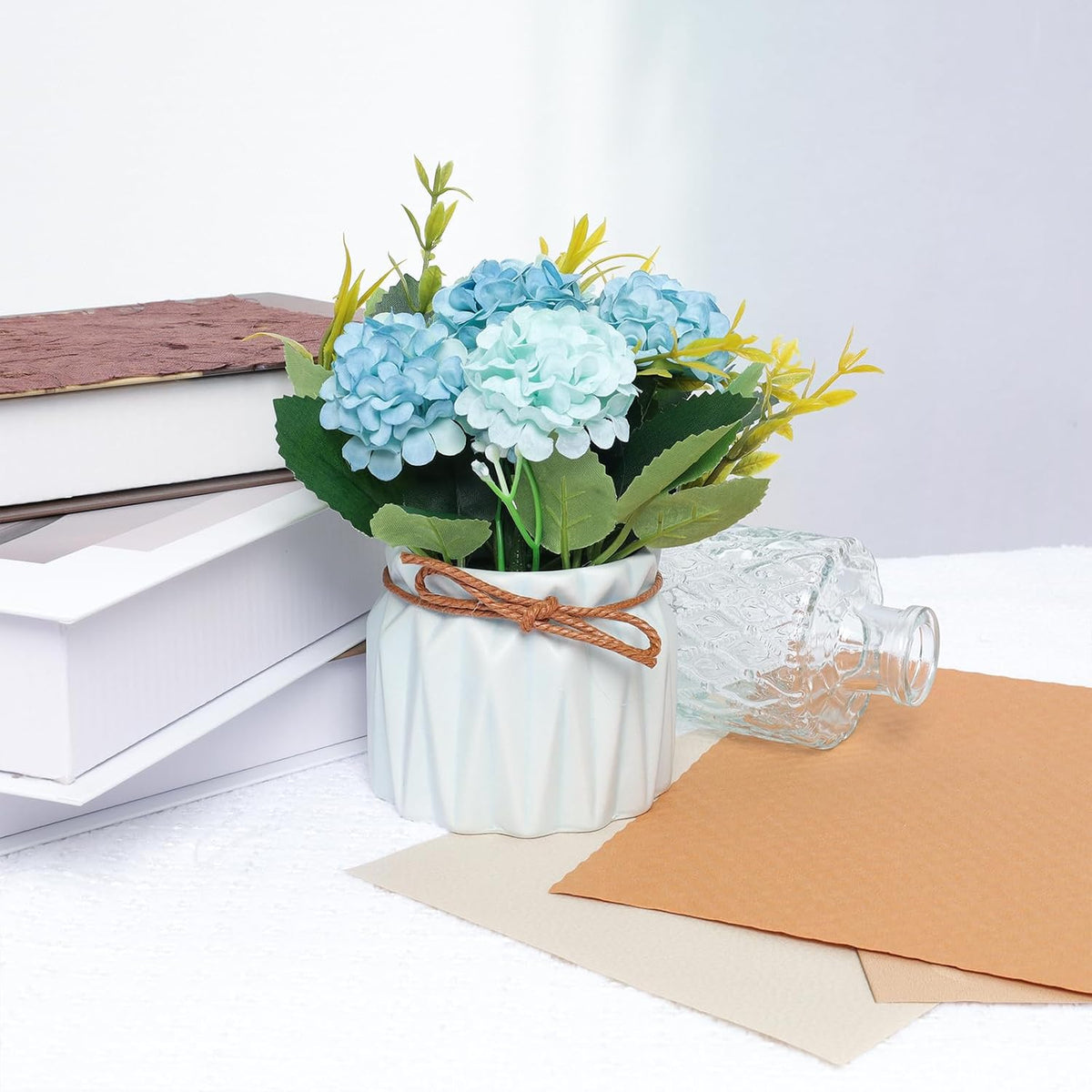 Artificial Hydrangea Bouquet with Small Ceramic Vase Artificial Flower Plants Mini Fake Hydrangea Flowers Decoration Indoor for Home Office Table Bedroom Living Room Party (Blue)