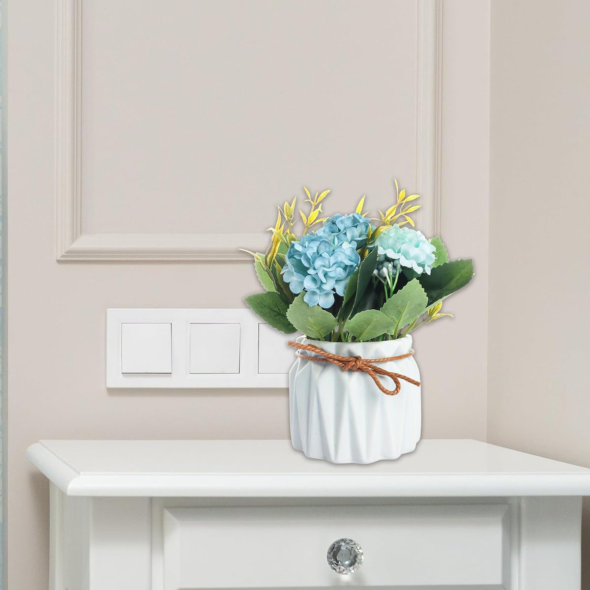 Artificial Hydrangea Bouquet with Small Ceramic Vase Artificial Flower Plants Mini Fake Hydrangea Flowers Decoration Indoor for Home Office Table Bedroom Living Room Party (Blue)