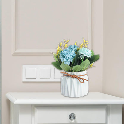 Artificial Hydrangea Bouquet with Small Ceramic Vase Artificial Flower Plants Mini Fake Hydrangea Flowers Decoration Indoor for Home Office Table Bedroom Living Room Party (Blue)