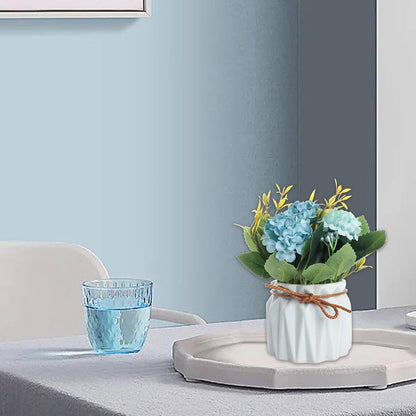 Artificial Hydrangea Bouquet with Small Ceramic Vase Artificial Flower Plants Mini Fake Hydrangea Flowers Decoration Indoor for Home Office Table Bedroom Living Room Party (Blue)