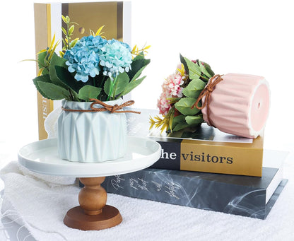 Artificial Hydrangea Bouquet with Small Ceramic Vase Artificial Flower Plants Mini Fake Hydrangea Flowers Decoration Indoor for Home Office Table Bedroom Living Room Party (Blue)