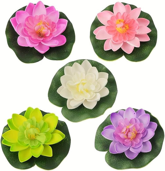 5pcs Floating Foam Lotus Flowers with Lily Pads, Artificial Pond Plants Ornaments for Pool Aquarium Water Decoration, Colorful