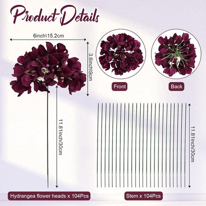 Red Hydrangea Artificial Flowers Silk Hydrangeas Bulk 104 PCS