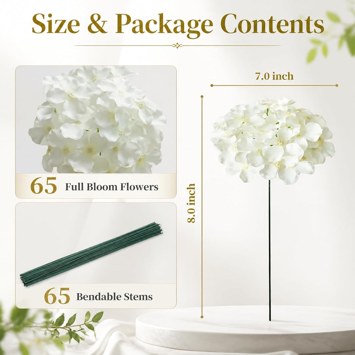 White Hydrangea Artificial Flowers Bulk, 65Pcs Faux Hydrangea Flowers, Silk Hydrangea Flowers with Detachable Stems for Wedding Centerpieces, Home Decor and Party Decorations