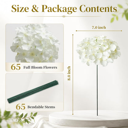 White Hydrangea Artificial Flowers Bulk, 65Pcs Faux Hydrangea Flowers, Silk Hydrangea Flowers with Detachable Stems for Wedding Centerpieces, Home Decor and Party Decorations
