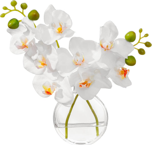 White Textured Coated Silk Artificial Orchid Flowers with Clear Glass Vase and Faux Water, 11" Faux Phalaenopsis Orchid Arrangement Centerpiece for Dining Table Bathroom Decor