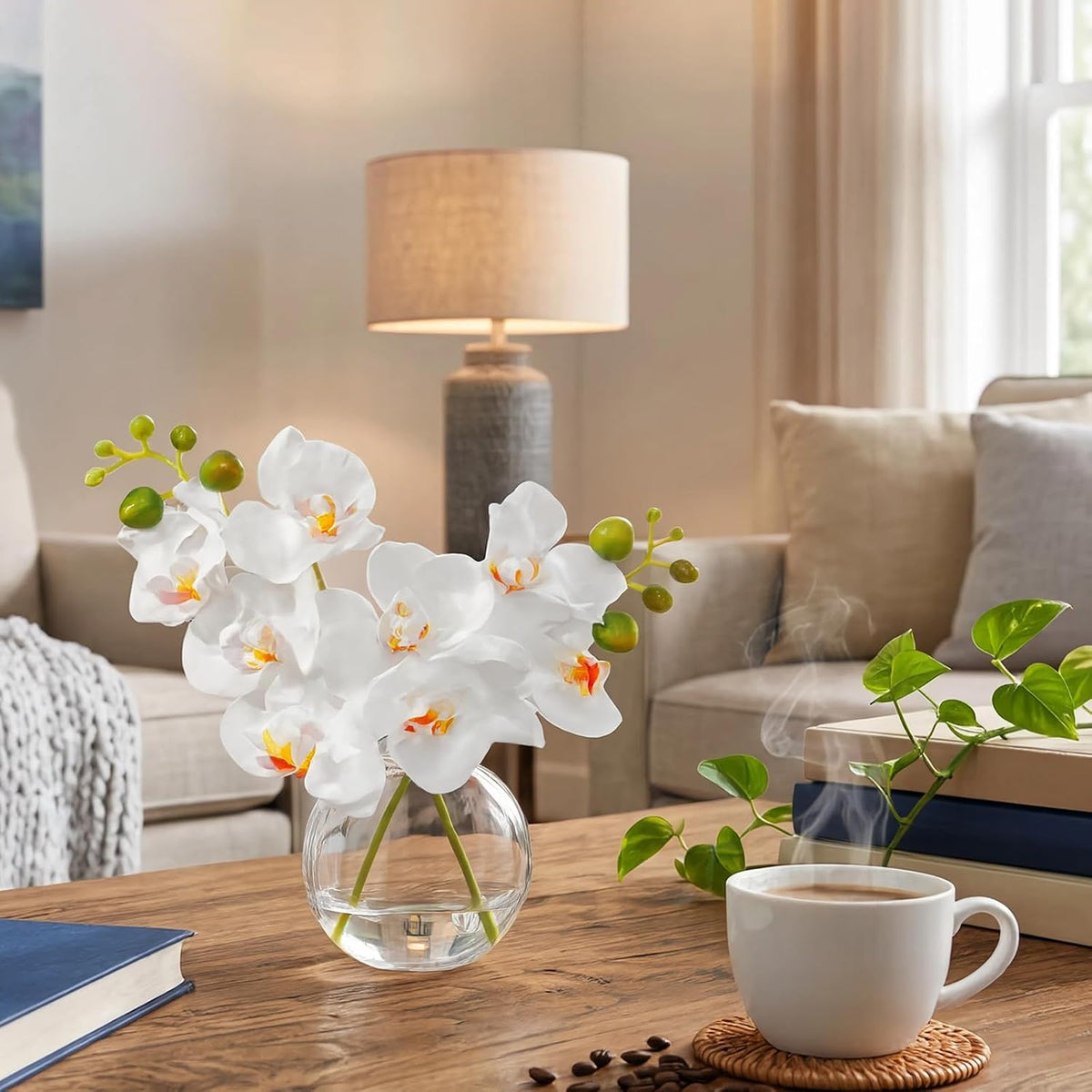 White Textured Coated Silk Artificial Orchid Flowers with Clear Glass Vase and Faux Water, 11" Faux Phalaenopsis Orchid Arrangement Centerpiece for Dining Table Bathroom Decor