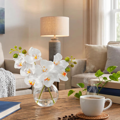 White Textured Coated Silk Artificial Orchid Flowers with Clear Glass Vase and Faux Water, 11" Faux Phalaenopsis Orchid Arrangement Centerpiece for Dining Table Bathroom Decor