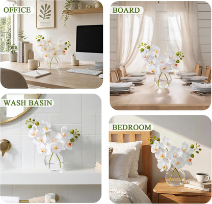 White Textured Coated Silk Artificial Orchid Flowers with Clear Glass Vase and Faux Water, 11" Faux Phalaenopsis Orchid Arrangement Centerpiece for Dining Table Bathroom Decor