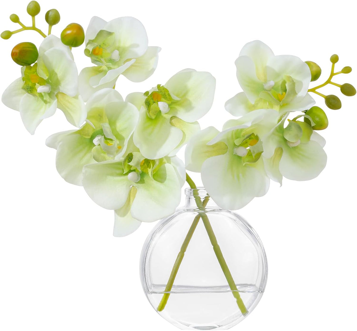 White Textured Coated Silk Artificial Orchid Flowers with Clear Glass Vase and Faux Water, 11" Faux Phalaenopsis Orchid Arrangement Centerpiece for Dining Table Bathroom Decor
