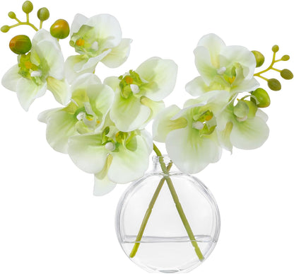 White Textured Coated Silk Artificial Orchid Flowers with Clear Glass Vase and Faux Water, 11" Faux Phalaenopsis Orchid Arrangement Centerpiece for Dining Table Bathroom Decor