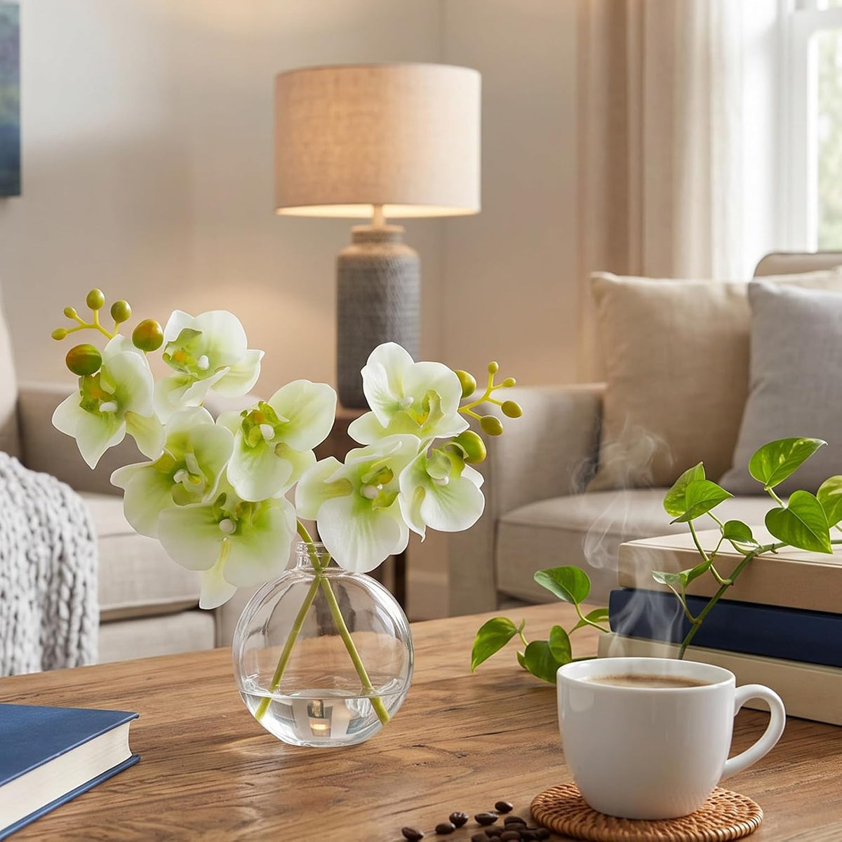White Textured Coated Silk Artificial Orchid Flowers with Clear Glass Vase and Faux Water, 11" Faux Phalaenopsis Orchid Arrangement Centerpiece for Dining Table Bathroom Decor