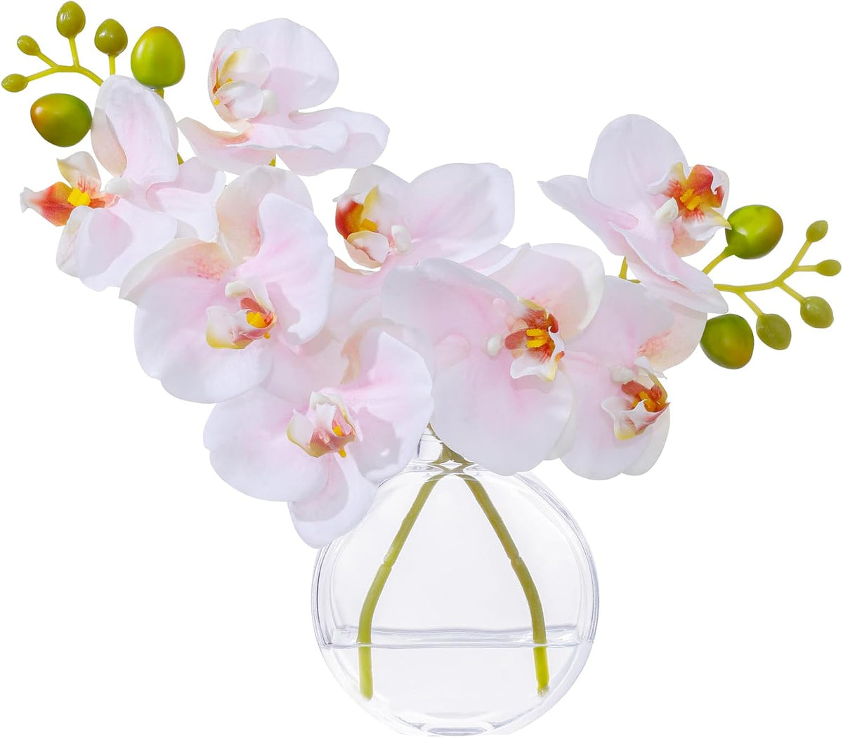White Textured Coated Silk Artificial Orchid Flowers with Clear Glass Vase and Faux Water, 11" Faux Phalaenopsis Orchid Arrangement Centerpiece for Dining Table Bathroom Decor
