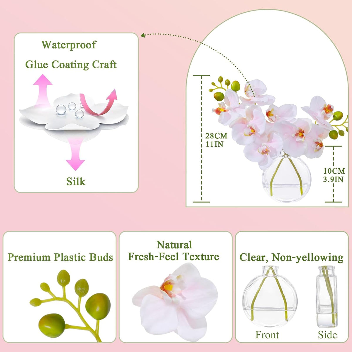 White Textured Coated Silk Artificial Orchid Flowers with Clear Glass Vase and Faux Water, 11" Faux Phalaenopsis Orchid Arrangement Centerpiece for Dining Table Bathroom Decor
