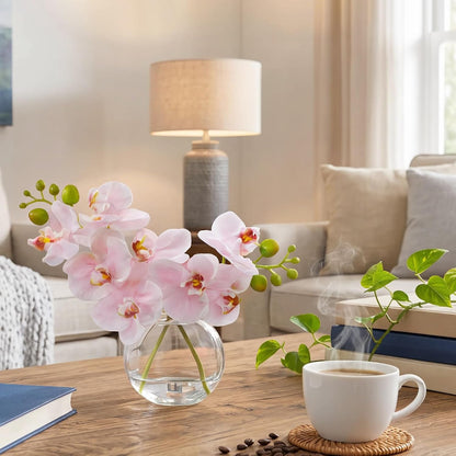 White Textured Coated Silk Artificial Orchid Flowers with Clear Glass Vase and Faux Water, 11" Faux Phalaenopsis Orchid Arrangement Centerpiece for Dining Table Bathroom Decor