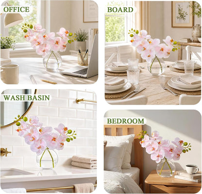 White Textured Coated Silk Artificial Orchid Flowers with Clear Glass Vase and Faux Water, 11" Faux Phalaenopsis Orchid Arrangement Centerpiece for Dining Table Bathroom Decor