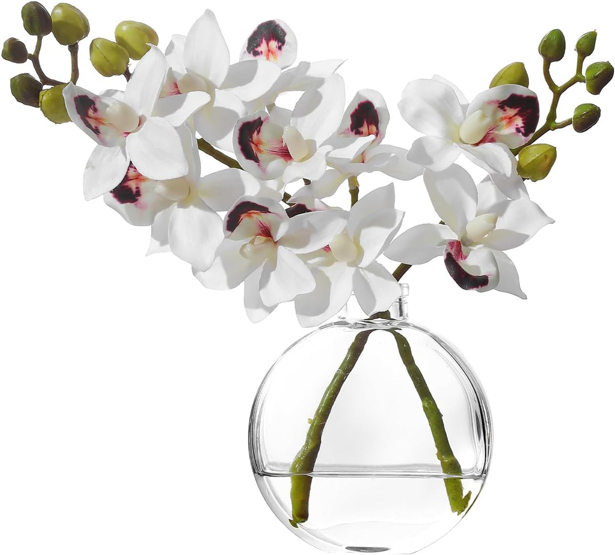 White Textured Coated Silk Artificial Orchid Flowers with Clear Glass Vase and Faux Water, 11" Faux Phalaenopsis Orchid Arrangement Centerpiece for Dining Table Bathroom Decor