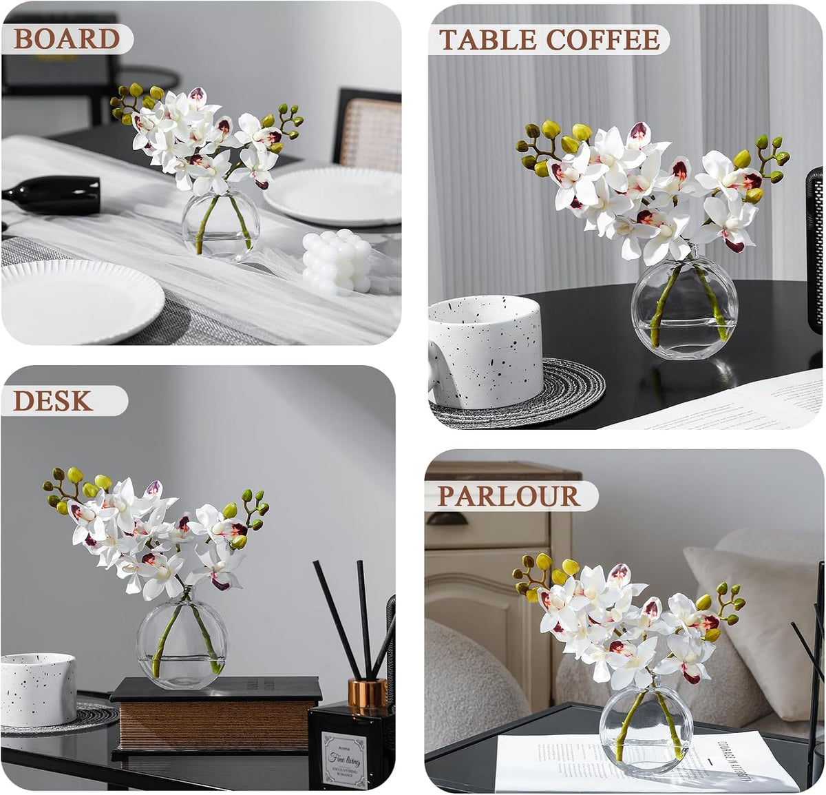 White Textured Coated Silk Artificial Orchid Flowers with Clear Glass Vase and Faux Water, 11" Faux Phalaenopsis Orchid Arrangement Centerpiece for Dining Table Bathroom Decor