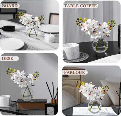 White Textured Coated Silk Artificial Orchid Flowers with Clear Glass Vase and Faux Water, 11" Faux Phalaenopsis Orchid Arrangement Centerpiece for Dining Table Bathroom Decor