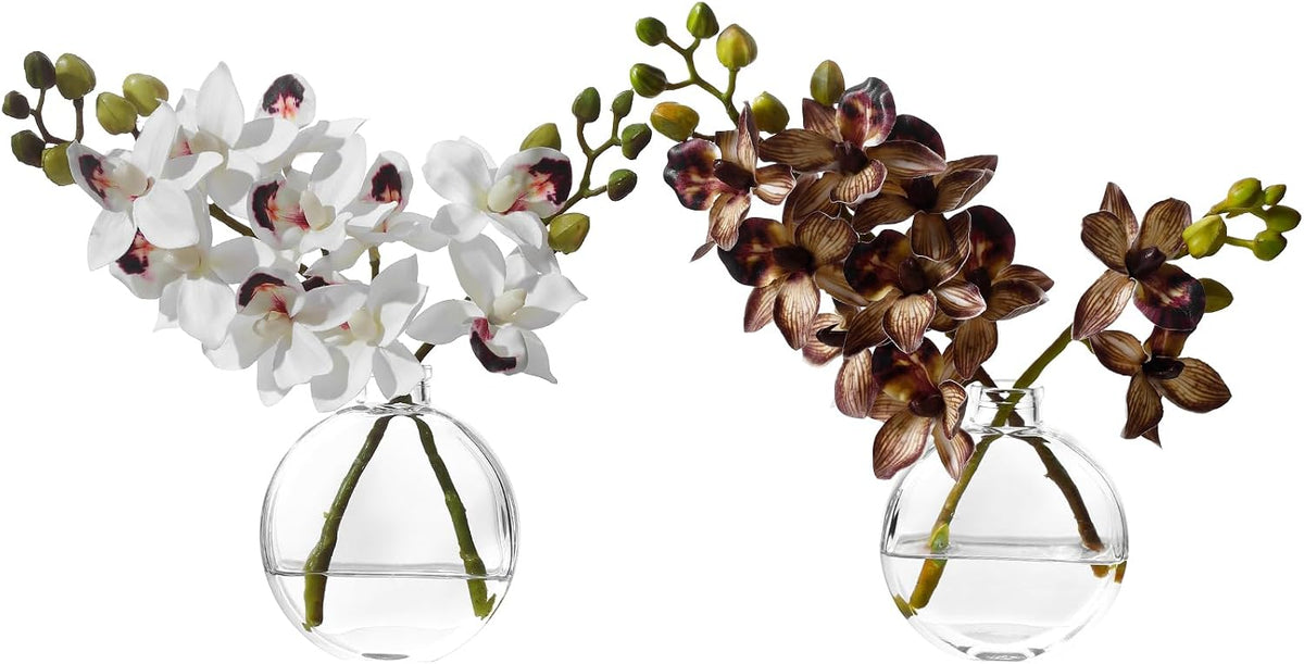 White Textured Coated Silk Artificial Orchid Flowers with Clear Glass Vase and Faux Water, 11" Faux Phalaenopsis Orchid Arrangement Centerpiece for Dining Table Bathroom Decor