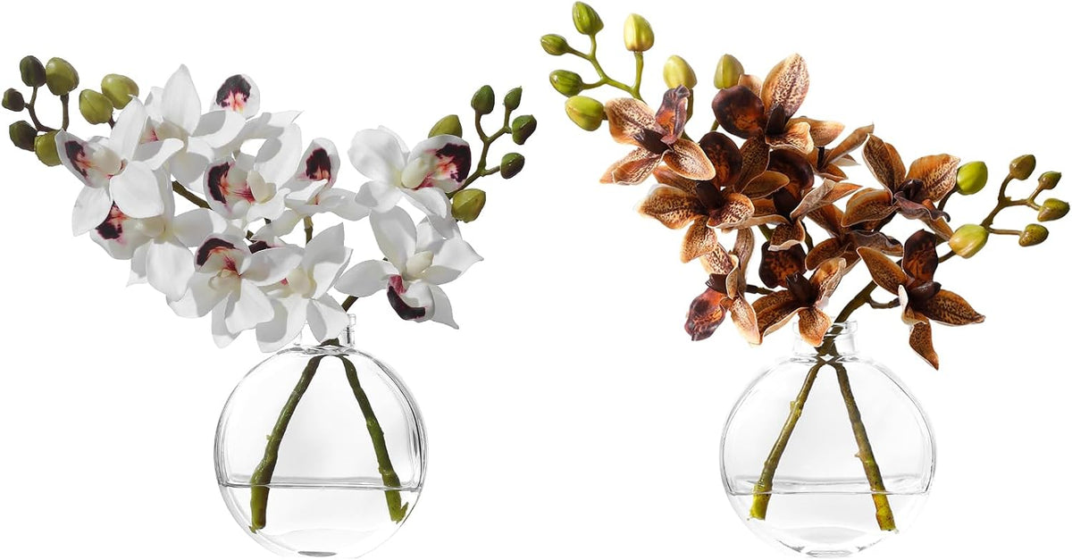 White Textured Coated Silk Artificial Orchid Flowers with Clear Glass Vase and Faux Water, 11" Faux Phalaenopsis Orchid Arrangement Centerpiece for Dining Table Bathroom Decor