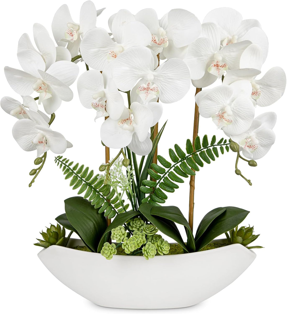 Orchid Artificial Flowers 18in White Fake Orchid Silk Flowers with Ceramic Pot Faux Orchid Arrangement for Home Office Room Coffee Table Centerpiece Modern Decoration