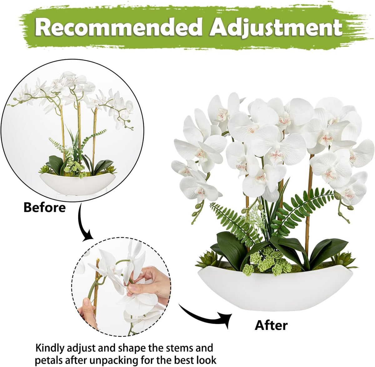 Orchid Artificial Flowers 18in White Fake Orchid Silk Flowers with Ceramic Pot Faux Orchid Arrangement for Home Office Room Coffee Table Centerpiece Modern Decoration