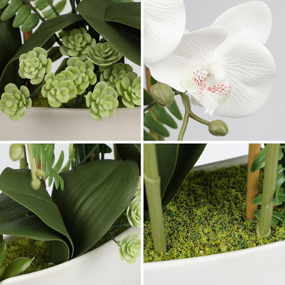 Orchid Artificial Flowers 18in White Fake Orchid Silk Flowers with Ceramic Pot Faux Orchid Arrangement for Home Office Room Coffee Table Centerpiece Modern Decoration