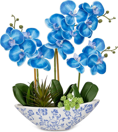 Orchid Artificial Flowers 18in White Fake Orchid Silk Flowers with Ceramic Pot Faux Orchid Arrangement for Home Office Room Coffee Table Centerpiece Modern Decoration