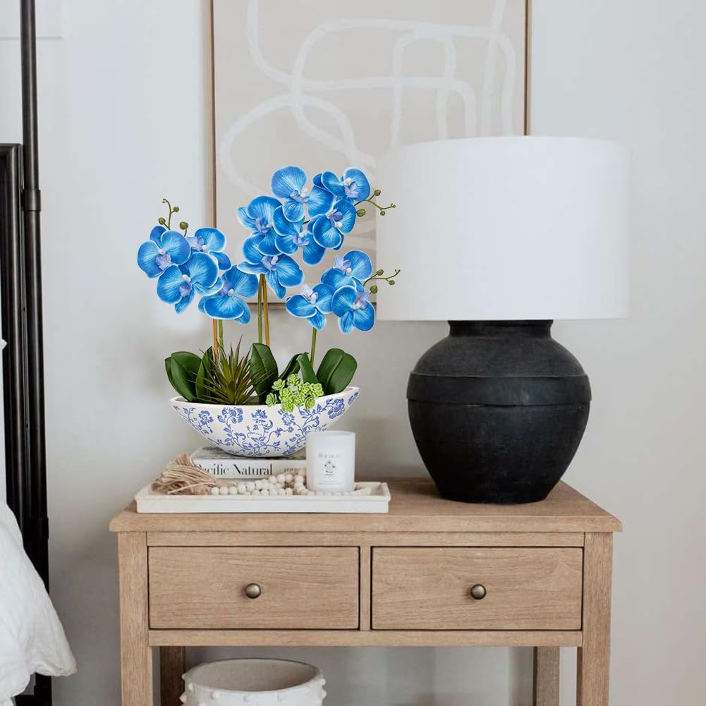 Orchid Artificial Flowers 18in White Fake Orchid Silk Flowers with Ceramic Pot Faux Orchid Arrangement for Home Office Room Coffee Table Centerpiece Modern Decoration