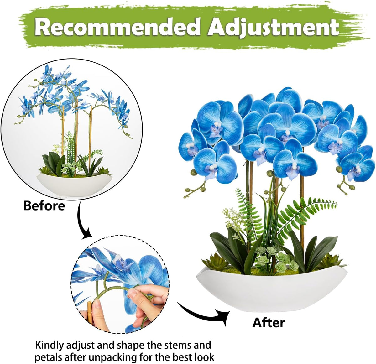 Orchid Artificial Flowers 18in White Fake Orchid Silk Flowers with Ceramic Pot Faux Orchid Arrangement for Home Office Room Coffee Table Centerpiece Modern Decoration