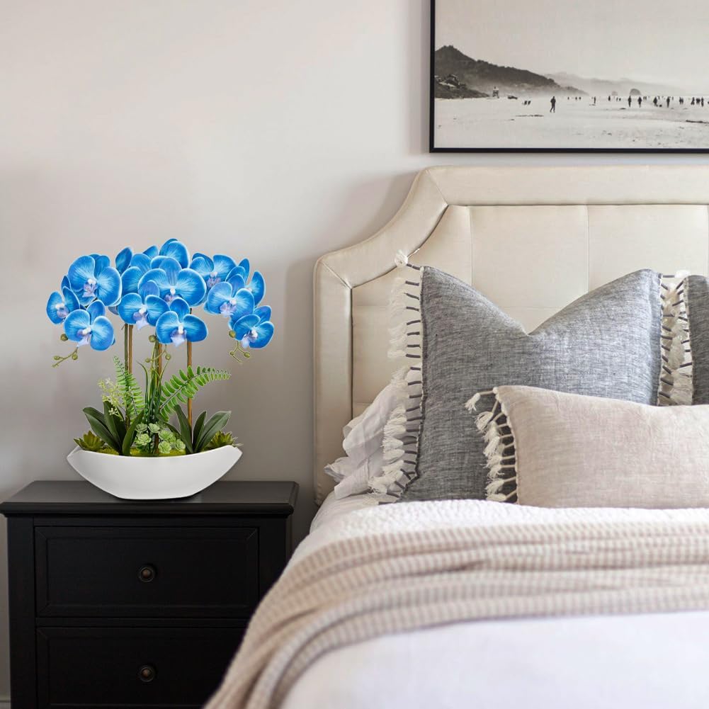 Orchid Artificial Flowers 18in White Fake Orchid Silk Flowers with Ceramic Pot Faux Orchid Arrangement for Home Office Room Coffee Table Centerpiece Modern Decoration