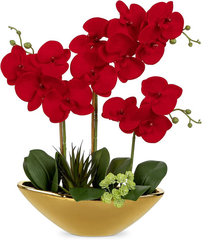 Orchid Artificial Flowers 18in White Fake Orchid Silk Flowers with Ceramic Pot Faux Orchid Arrangement for Home Office Room Coffee Table Centerpiece Modern Decoration